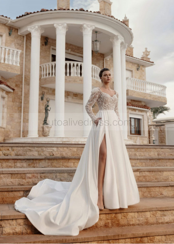 Long Sleeves Beaded Ivory Lace Satin Slit Simple Wedding Dress